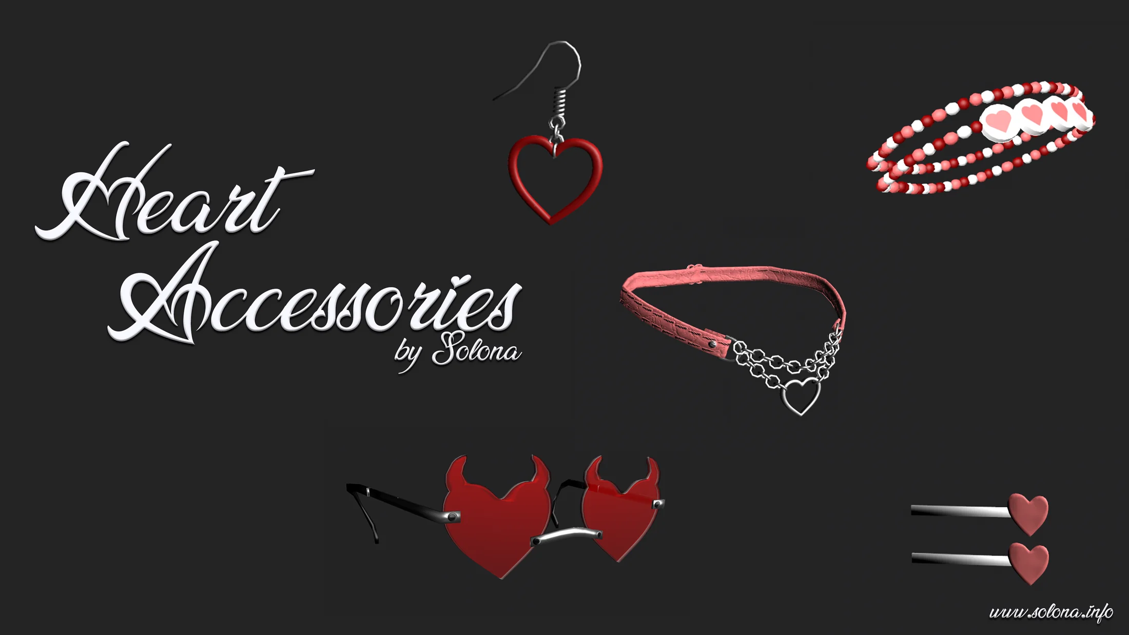 一套五个心形配饰：眼镜、发夹、手链、耳环和项圈插图